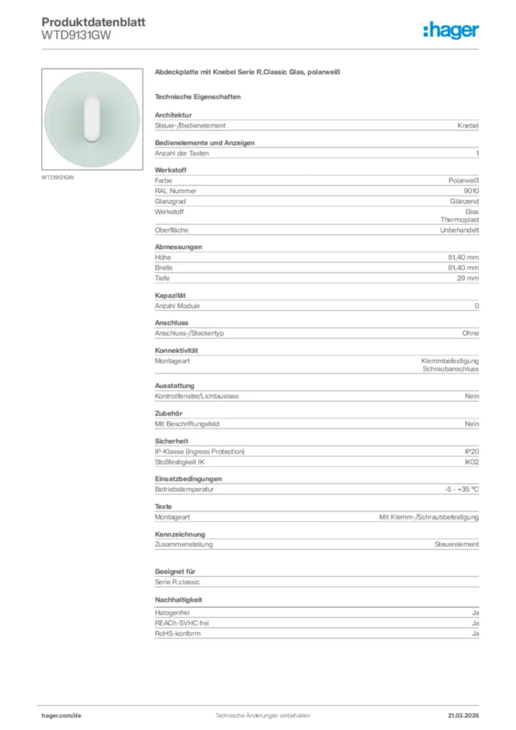 Bild Hager Produktdatenblatt WTD9131GW | Hager Deutschland
