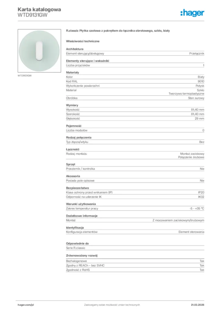 Zdjęcie Hager Karta katalogowa WTD9131GW | Hager Polska