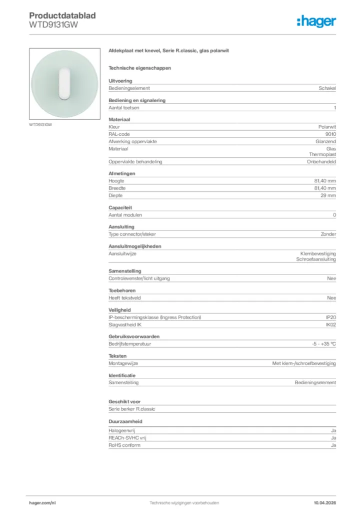 Afbeelding Hager Productdatablad WTD9131GW | Hager Nederland