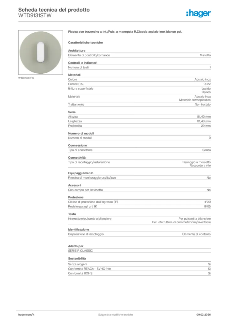 Immagine Hager Scheda tecnica del prodotto WTD9131STW | Hager Italia