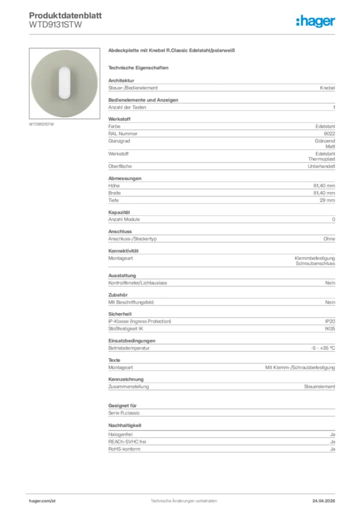 Bild Hager Produktdatenblatt WTD9131STW | Hager Deutschland