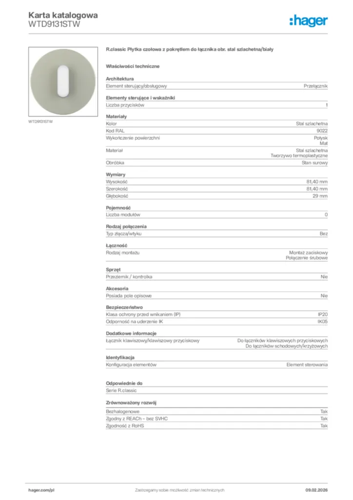 Zdjęcie Hager Karta katalogowa WTD9131STW | Hager Polska