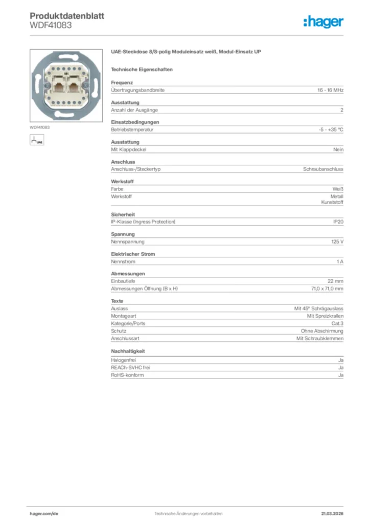 Bild Hager Produktdatenblatt WDF41083 | Hager Deutschland