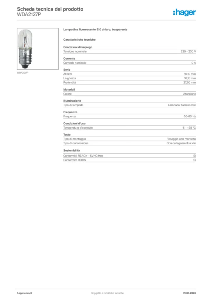 Immagine Hager Scheda tecnica del prodotto WDA2127P | Hager Italia