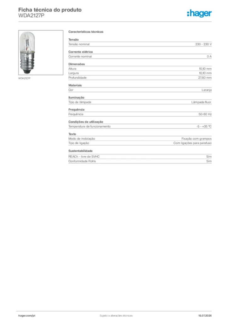 Imagem Hager Ficha técnica do produto WDA2127P | Hager Portugal