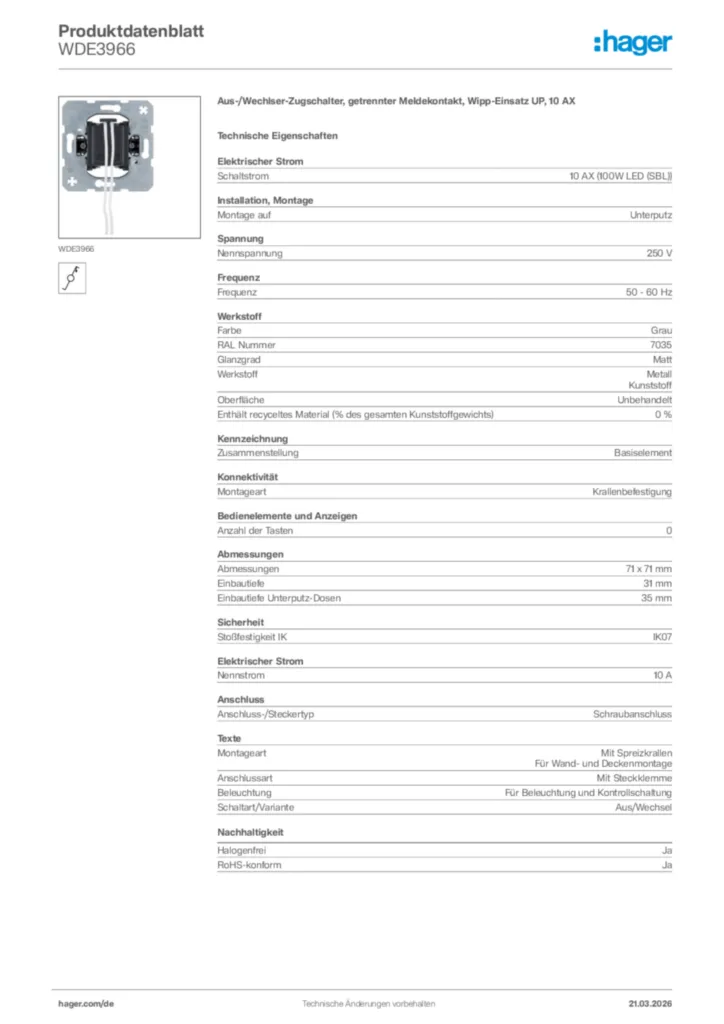 Bild Hager Produktdatenblatt WDE3966 | Hager Deutschland