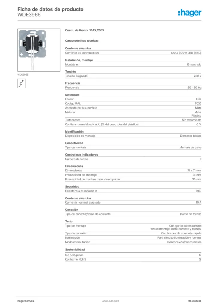 Imagen Hager Ficha de datos de producto WDE3966 | Hager España