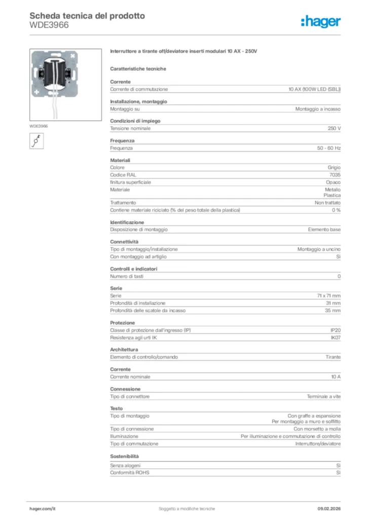 Immagine Hager Scheda tecnica del prodotto WDE3966 | Hager Italia