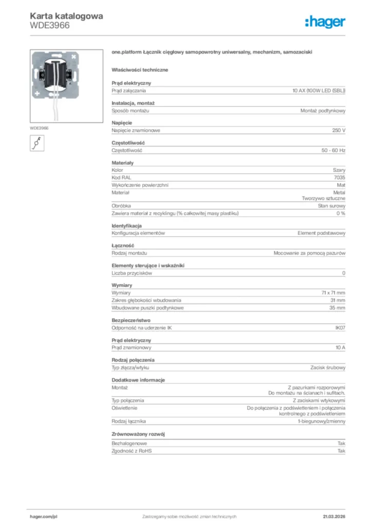 Zdjęcie Hager Karta katalogowa WDE3966 | Hager Polska