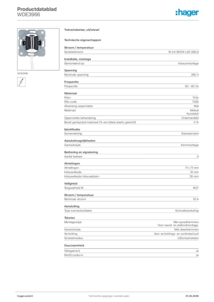 Afbeelding Hager Productdatablad WDE3966 | Hager Nederland