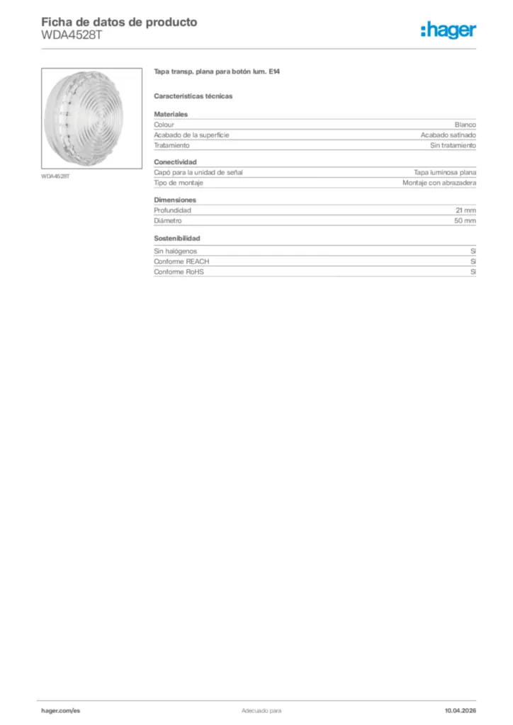 Imagen Hager Ficha de datos de producto WDA4528T | Hager España