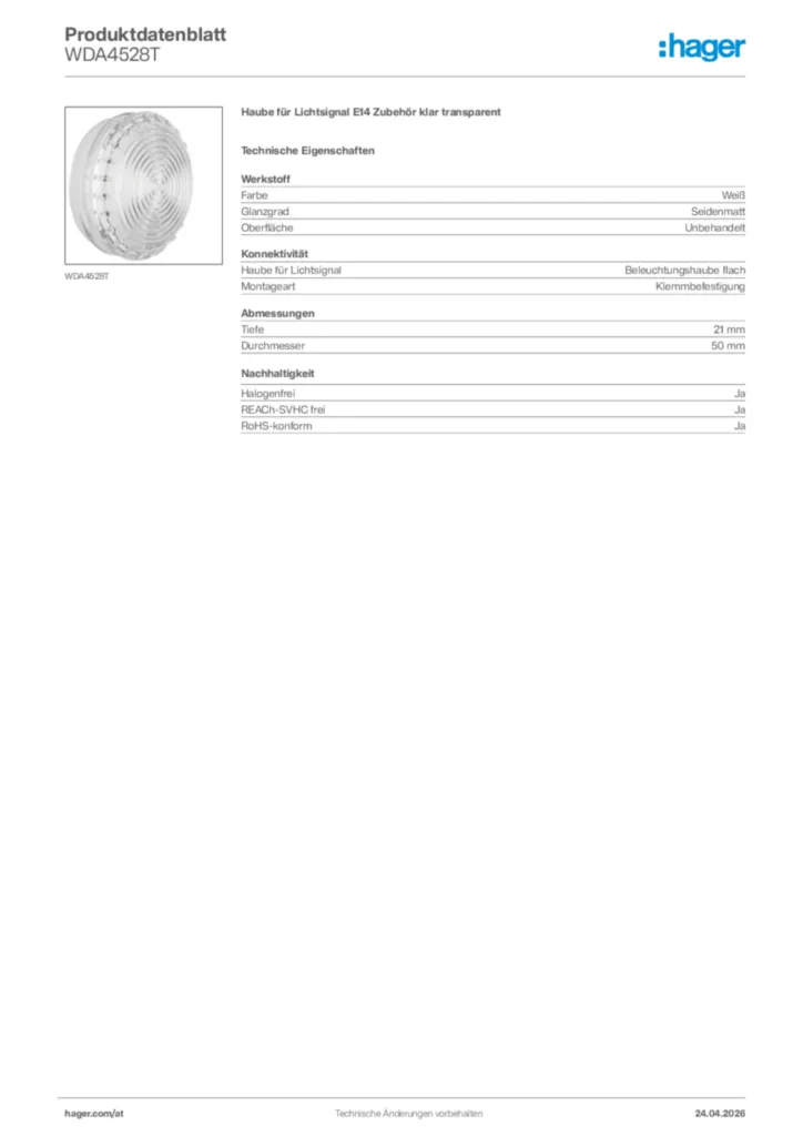 Bild Hager Produktdatenblatt WDA4528T | Hager Deutschland