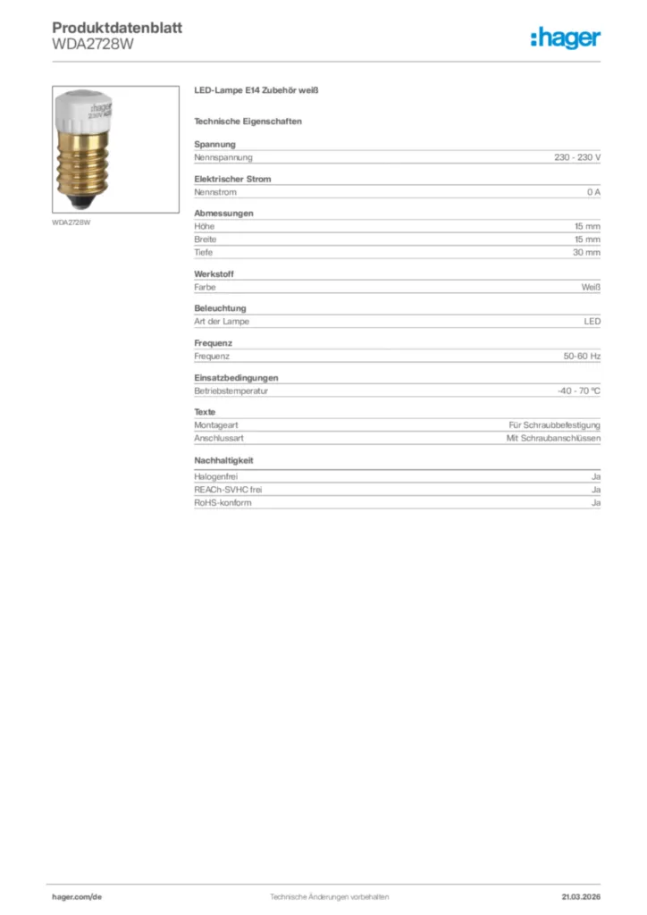 Bild Hager Produktdatenblatt WDA2728W | Hager Deutschland