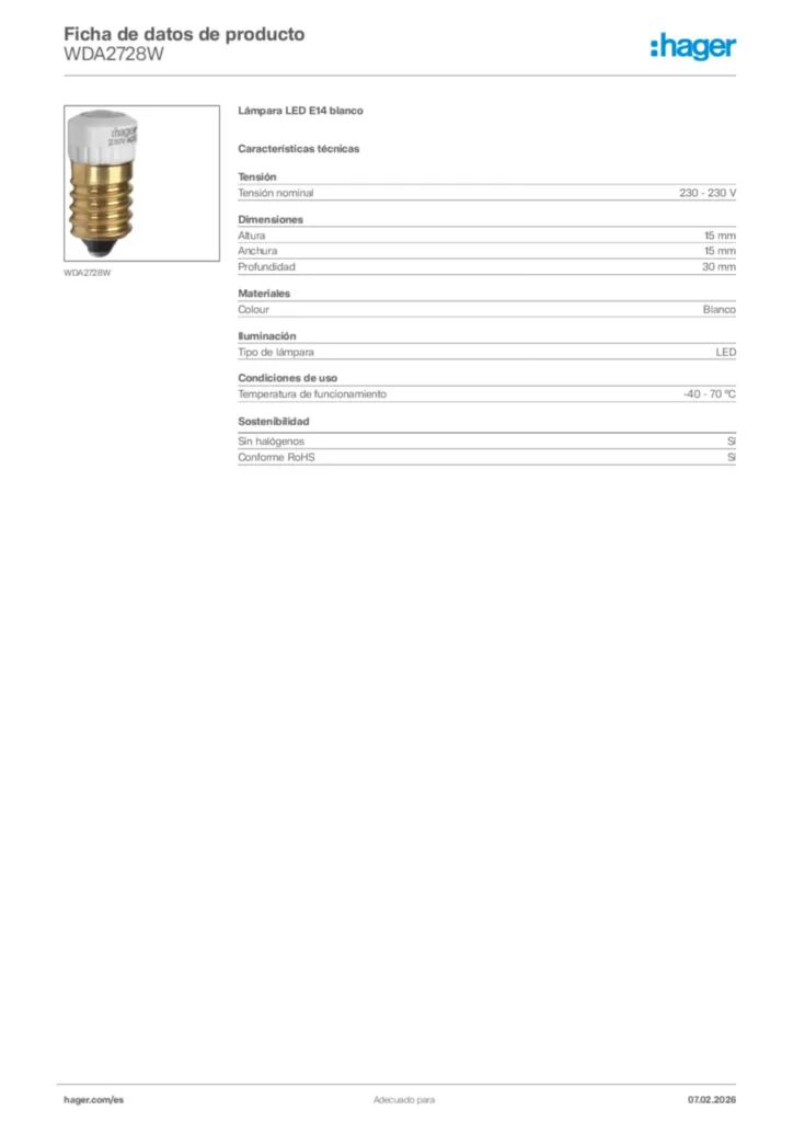 Imagen Hager Ficha de datos de producto WDA2728W | Hager España
