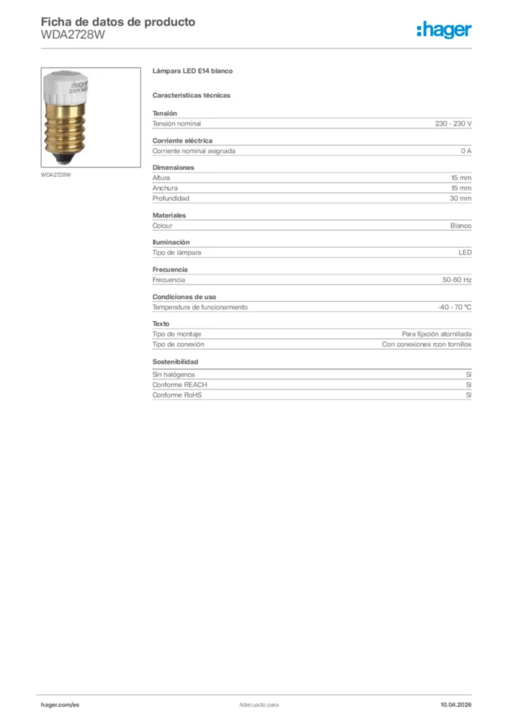 Imagen Hager Ficha de datos de producto WDA2728W | Hager España