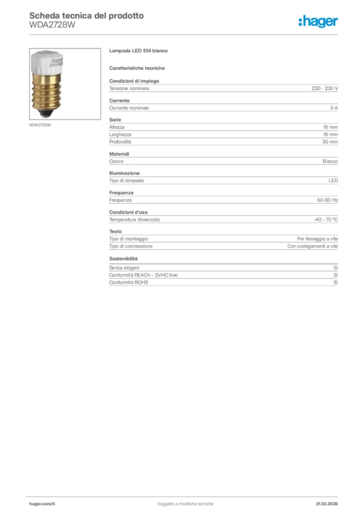 Immagine Hager Scheda tecnica del prodotto WDA2728W | Hager Italia