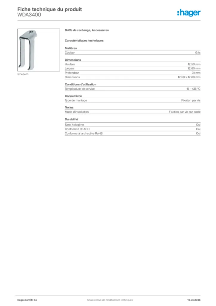 Image Hager Fiche technique du produit WDA3400 | Hager Belgique