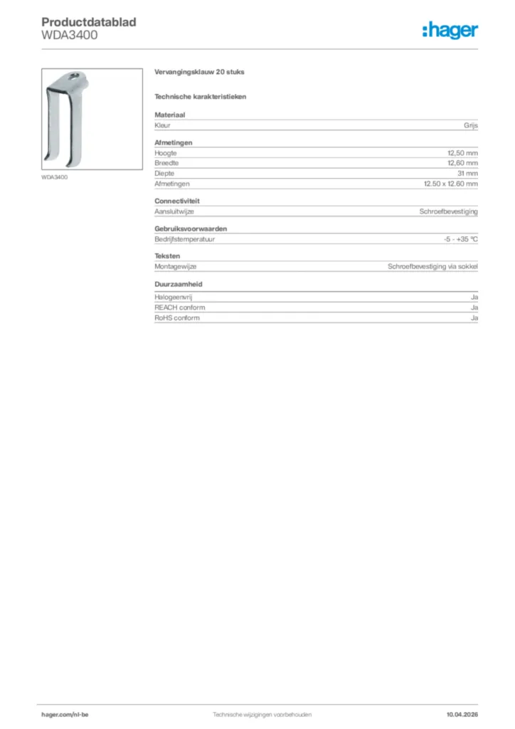 Afbeelding Hager Productdatablad WDA3400 | Hager Belgium