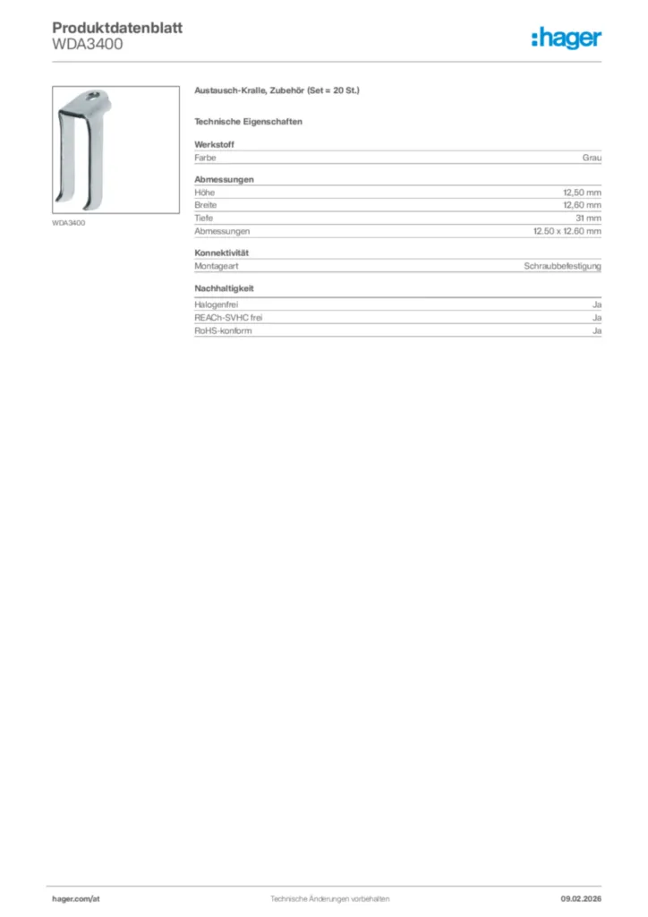 Bild Hager Produktdatenblatt WDA3400 | Hager Deutschland