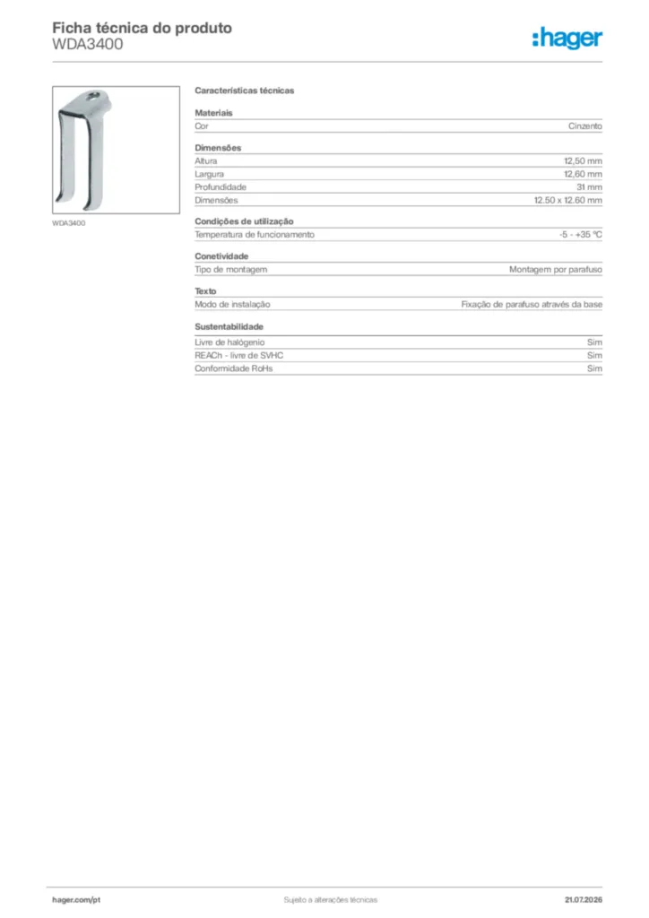 Imagem Hager Ficha técnica do produto WDA3400 | Hager Portugal