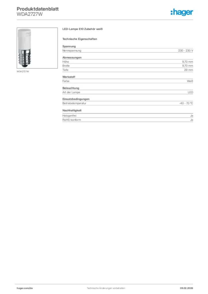 Bild Hager Produktdatenblatt WDA2727W | Hager Deutschland
