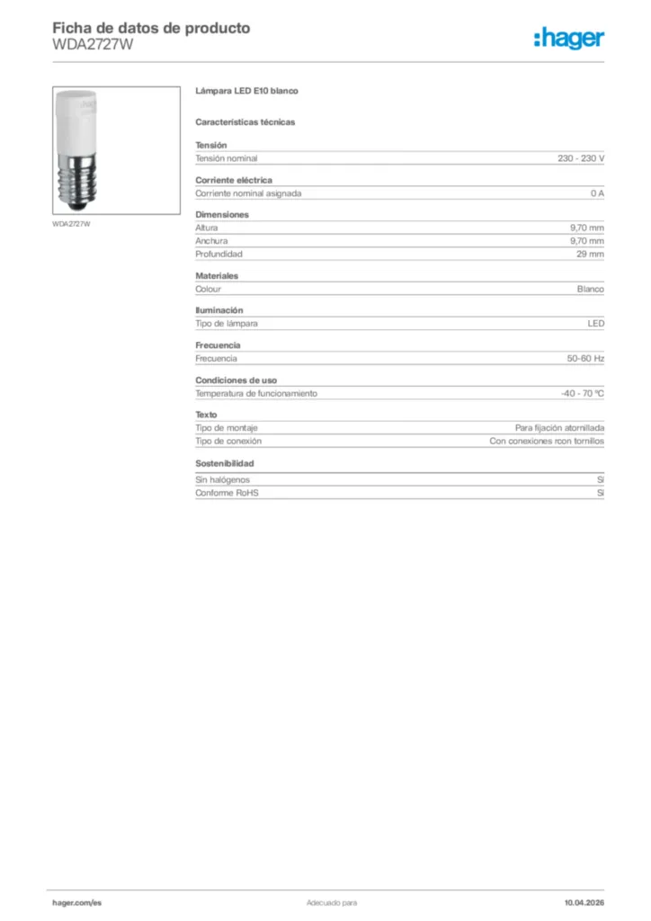Imagen Hager Ficha de datos de producto WDA2727W | Hager España