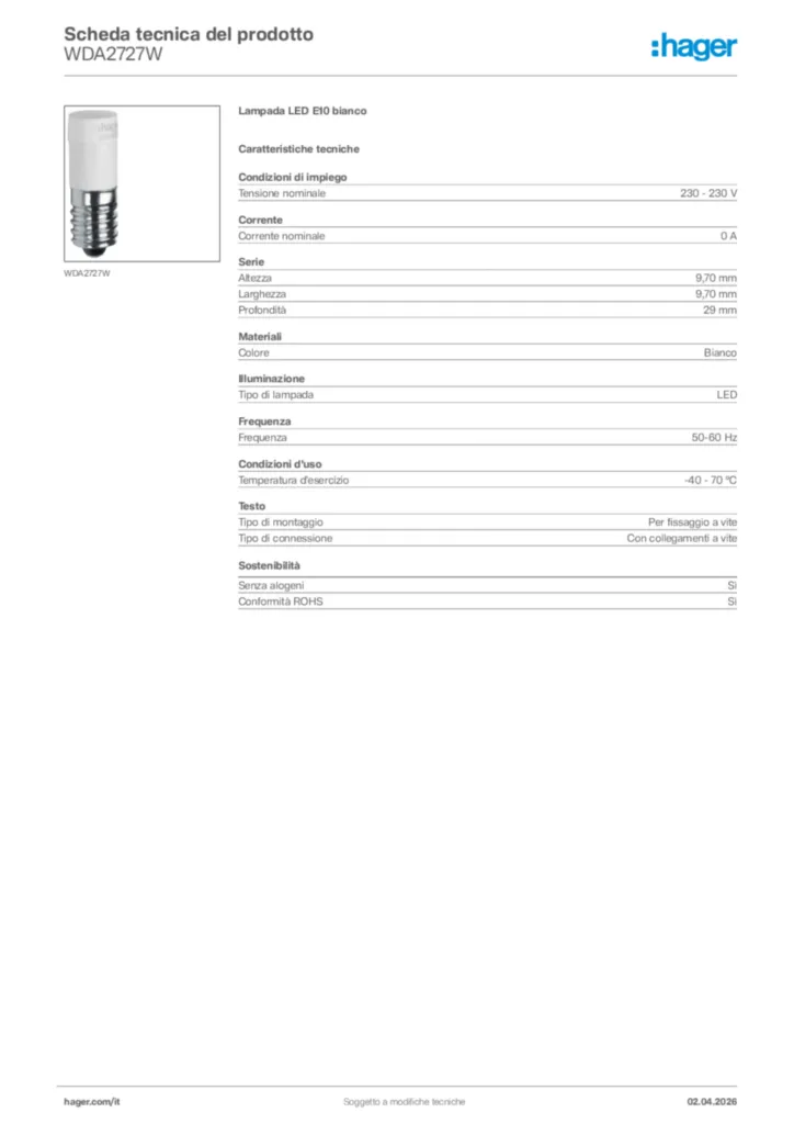 Immagine Hager Scheda tecnica del prodotto WDA2727W | Hager Italia