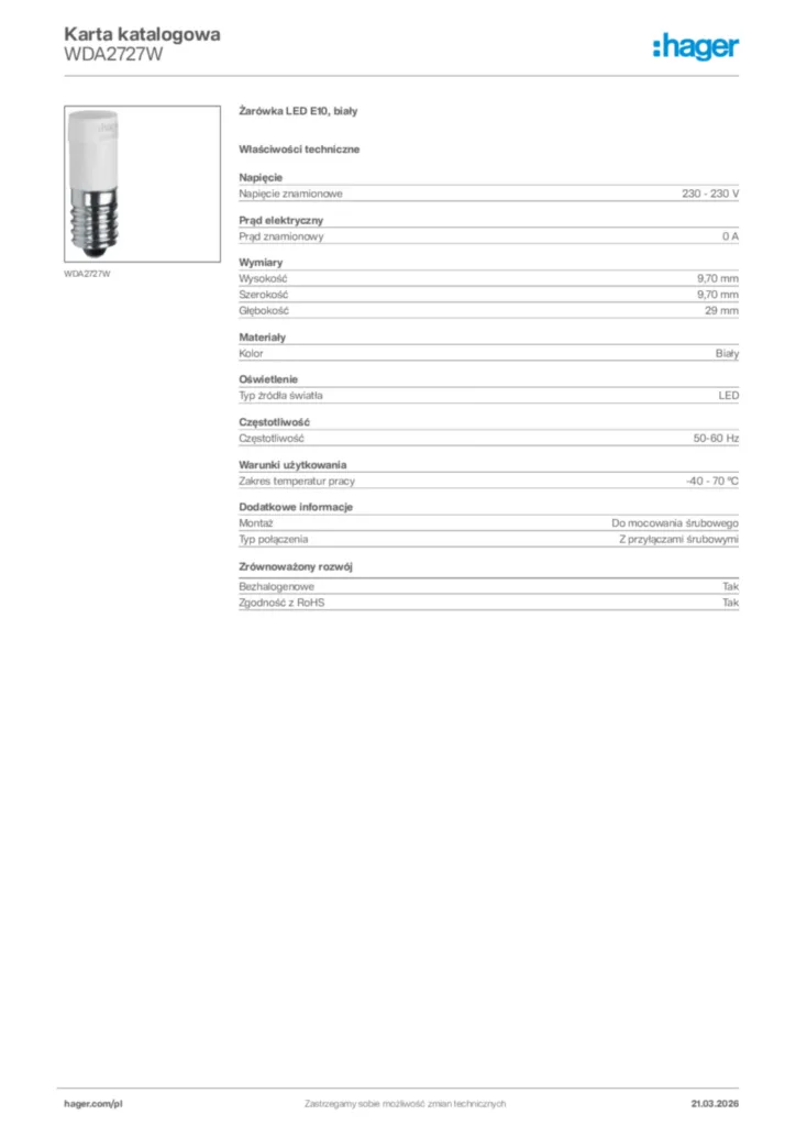 Zdjęcie Hager Karta katalogowa WDA2727W | Hager Polska