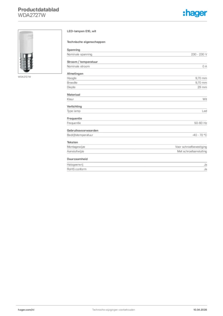 Afbeelding Hager Productdatablad WDA2727W | Hager Nederland