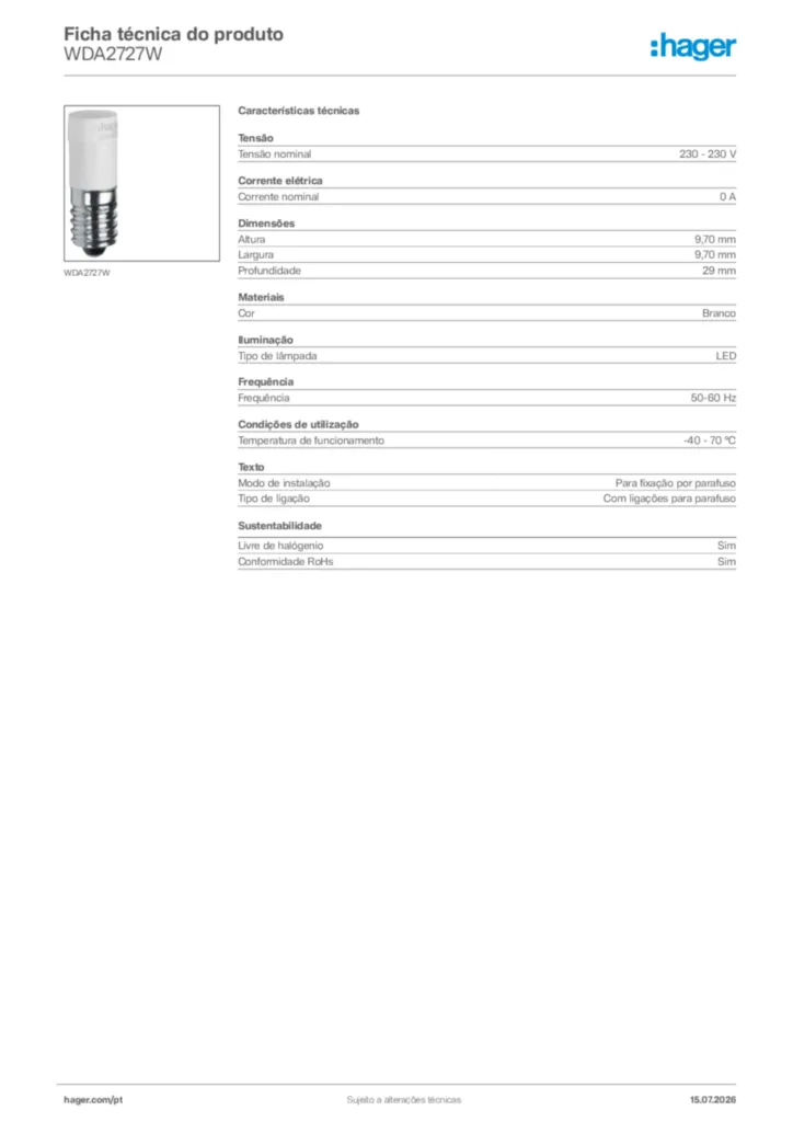 Imagem Hager Ficha técnica do produto WDA2727W | Hager Portugal