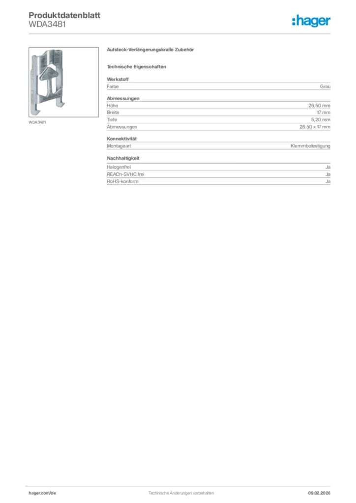 Bild Hager Produktdatenblatt WDA3481 | Hager Deutschland