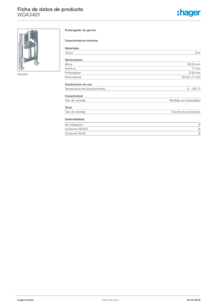 Imagen Hager Ficha de datos de producto WDA3481 | Hager España