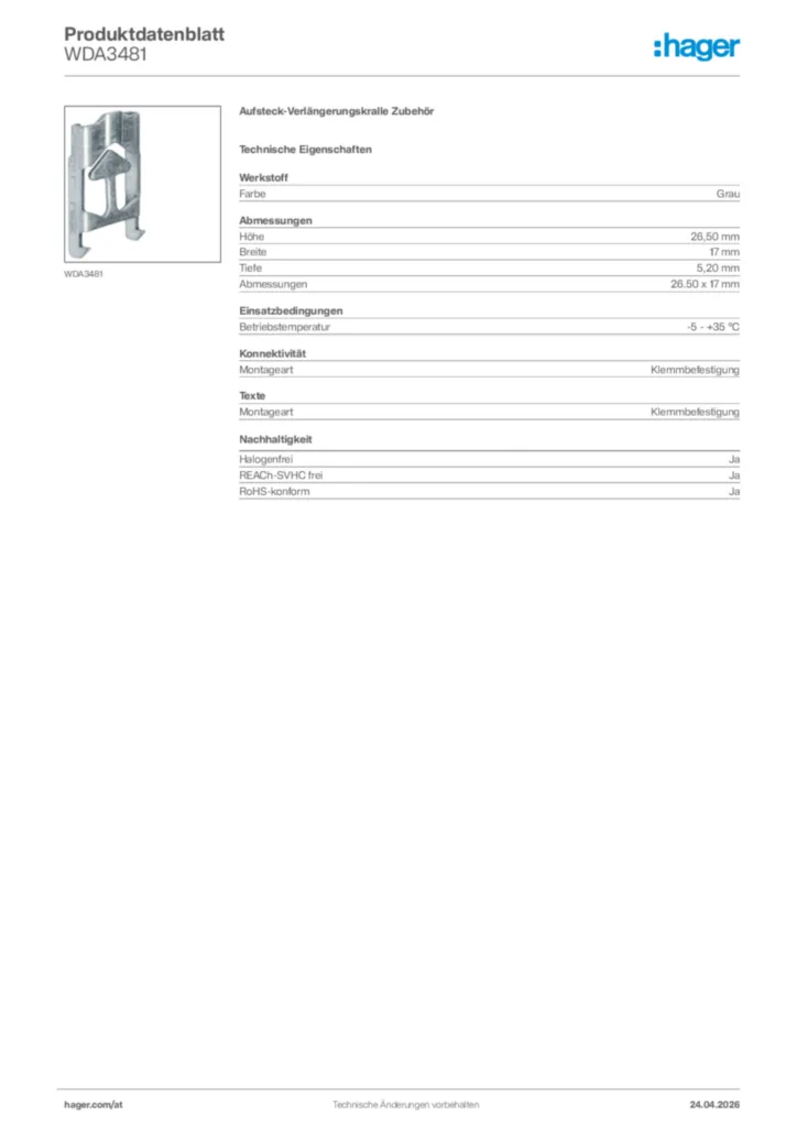 Bild Hager Produktdatenblatt WDA3481 | Hager Deutschland