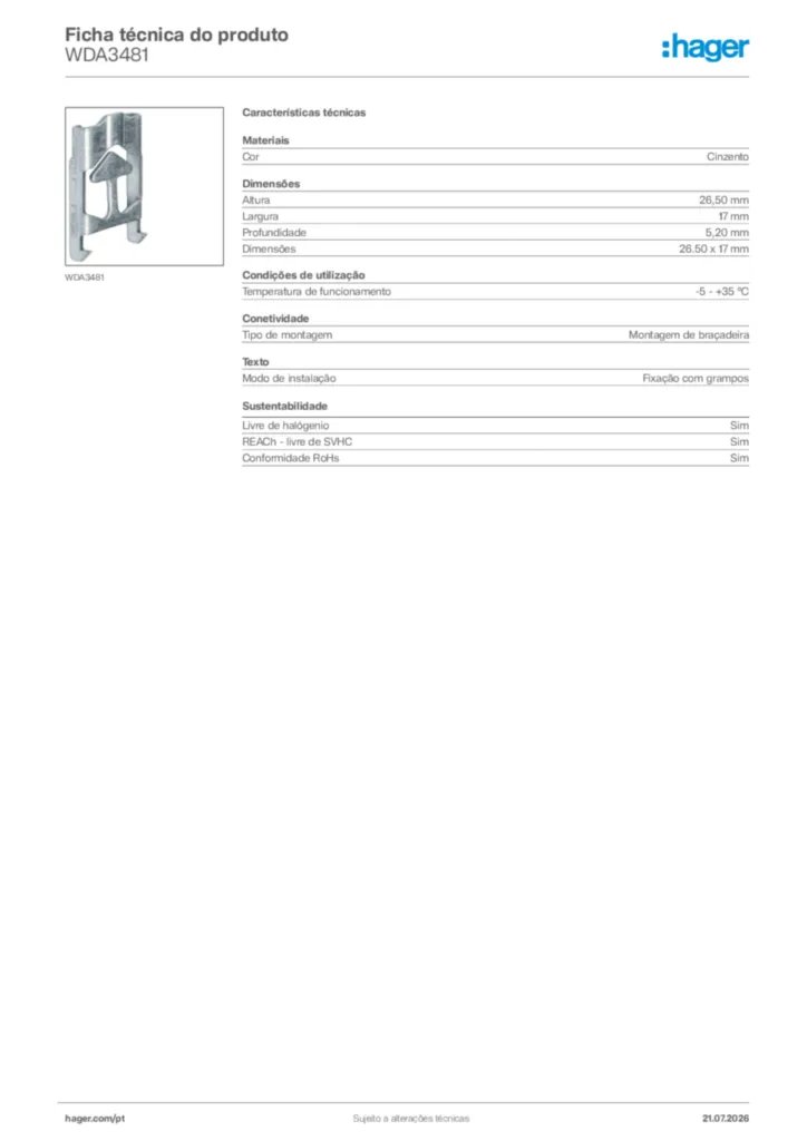 Imagem Hager Ficha técnica do produto WDA3481 | Hager Portugal