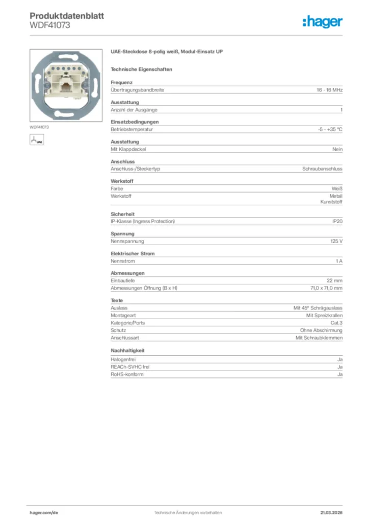Bild Hager Produktdatenblatt WDF41073 | Hager Deutschland