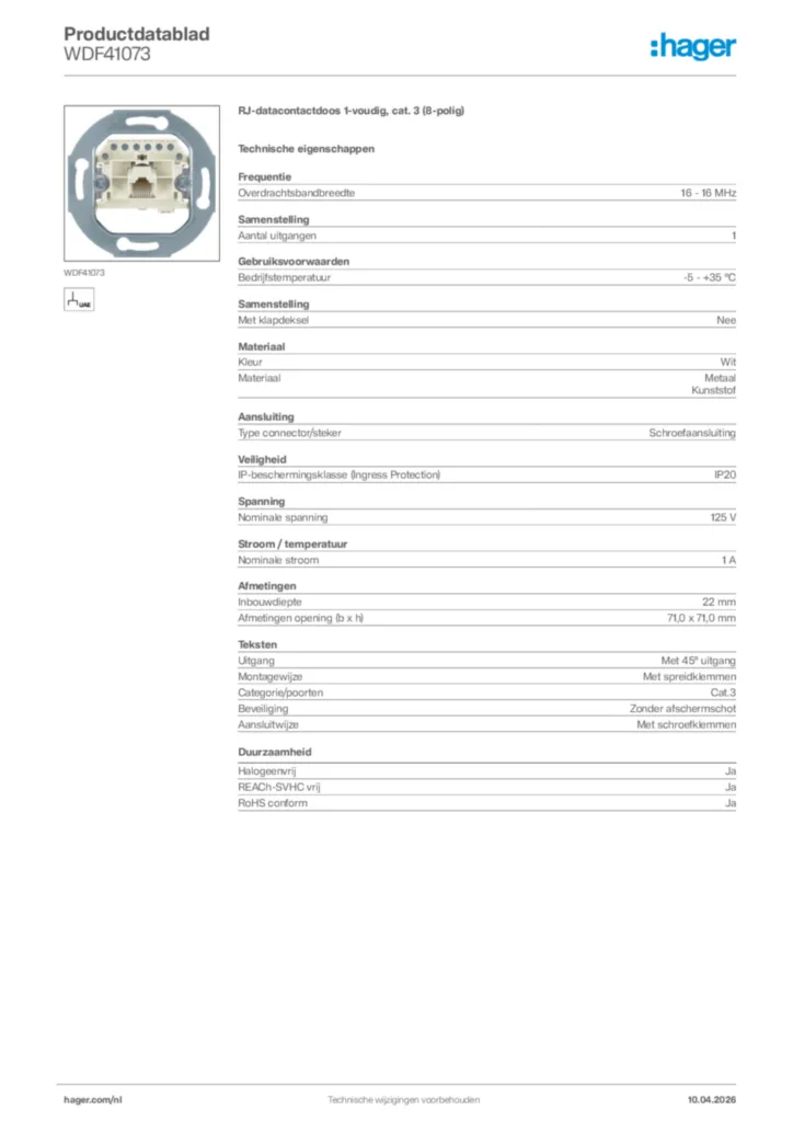Afbeelding Hager Productdatablad WDF41073 | Hager Nederland