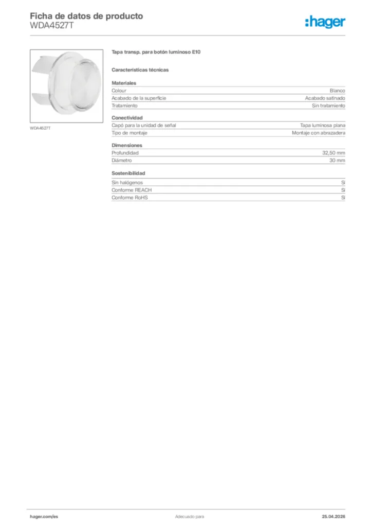 Imagen Hager Ficha de datos de producto WDA4527T | Hager España