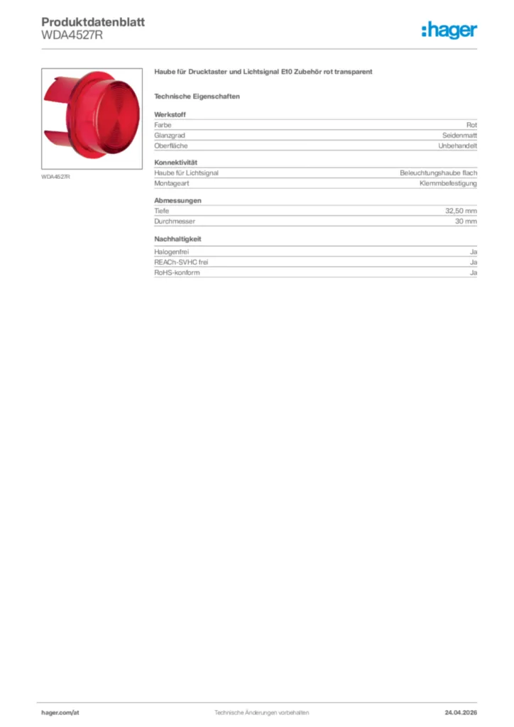 Bild Hager Produktdatenblatt WDA4527R | Hager Deutschland