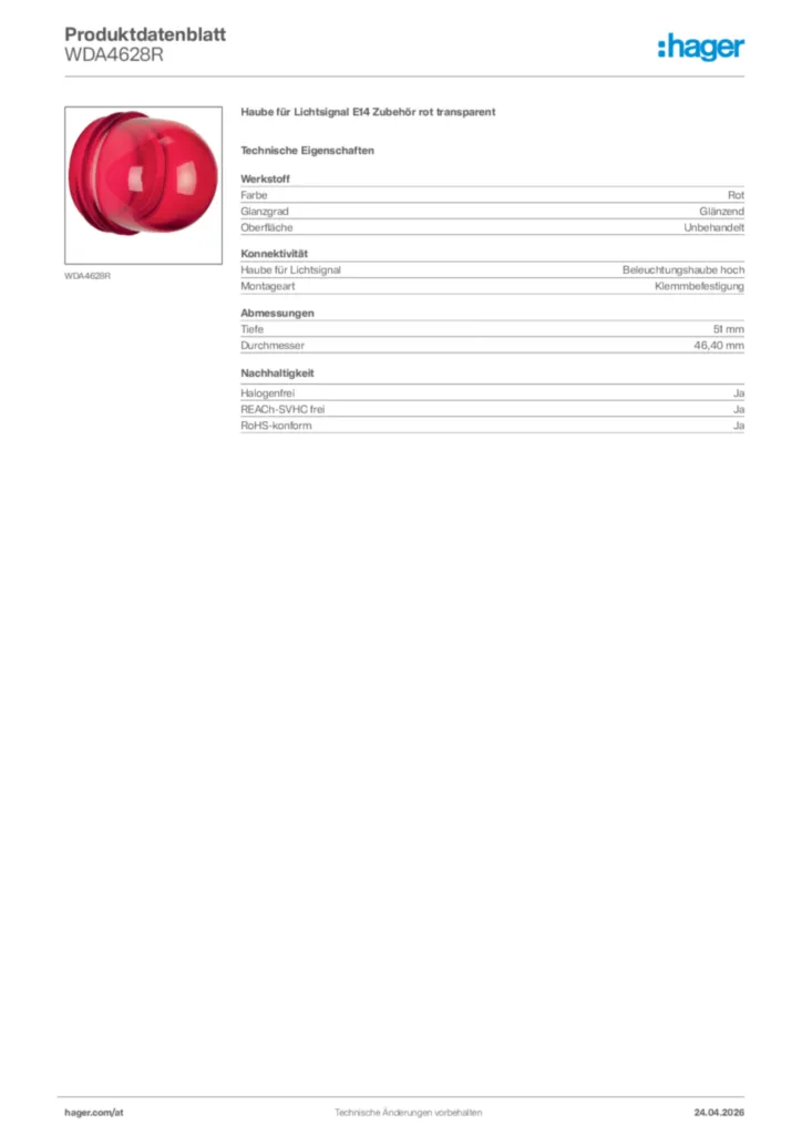 Bild Hager Produktdatenblatt WDA4628R | Hager Deutschland