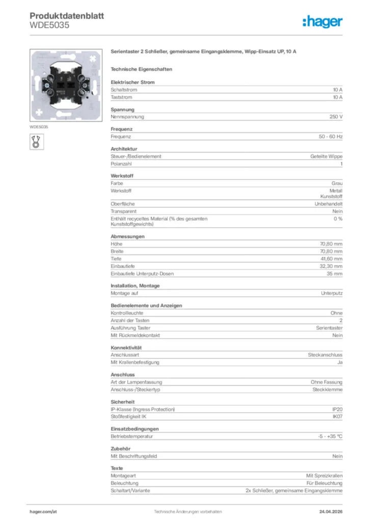 Bild Hager Produktdatenblatt WDE5035 | Hager Deutschland