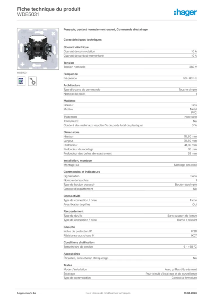 Image Hager Fiche technique du produit WDE5031 | Hager Belgique