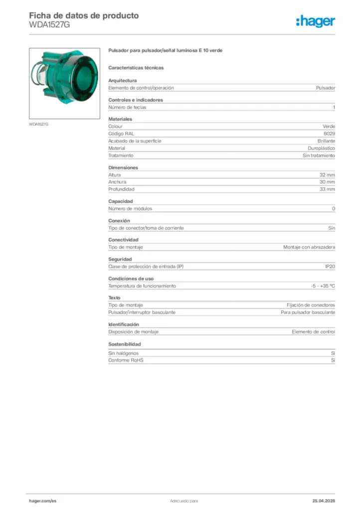 Imagen Hager Ficha de datos de producto WDA1527G | Hager España