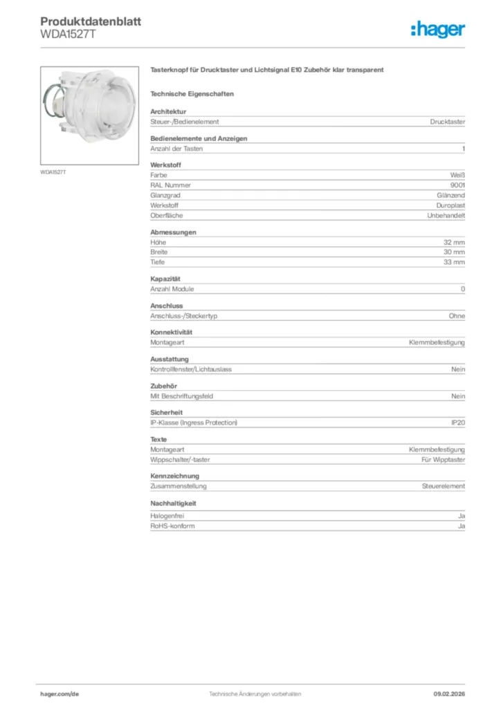 Bild Hager Produktdatenblatt WDA1527T | Hager Deutschland