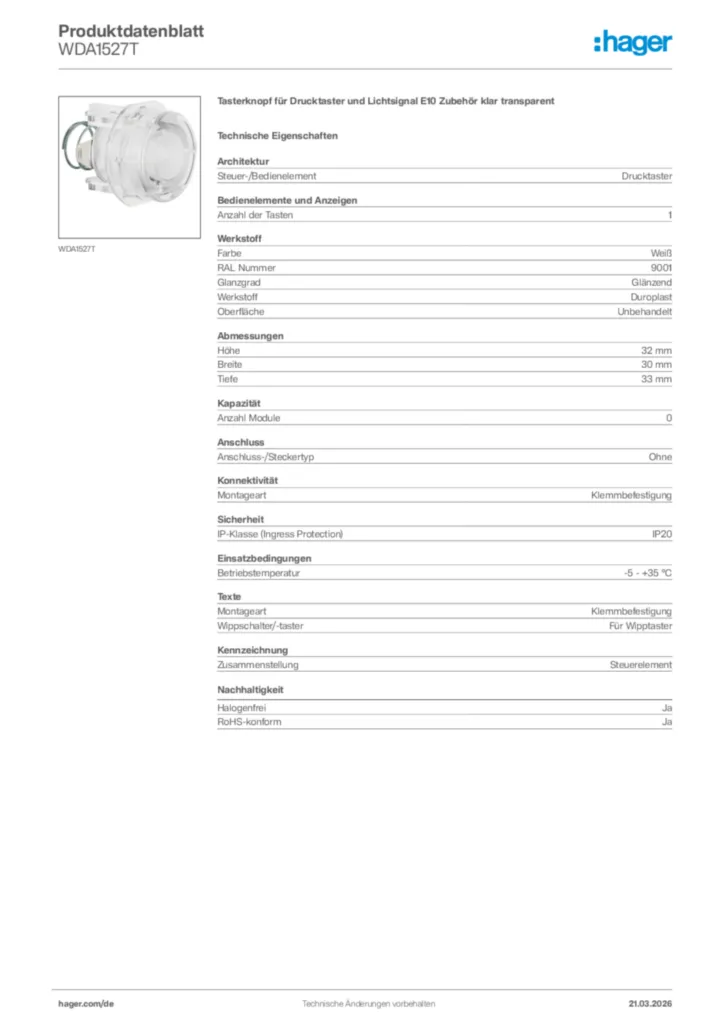 Bild Hager Produktdatenblatt WDA1527T | Hager Deutschland