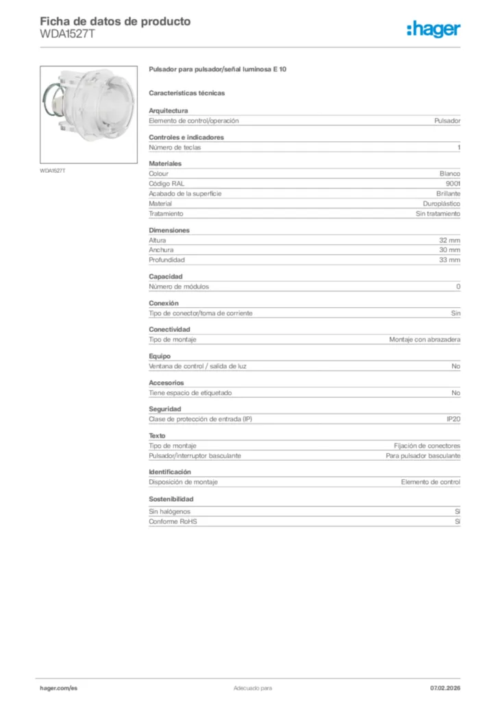 Imagen Hager Ficha de datos de producto WDA1527T | Hager España