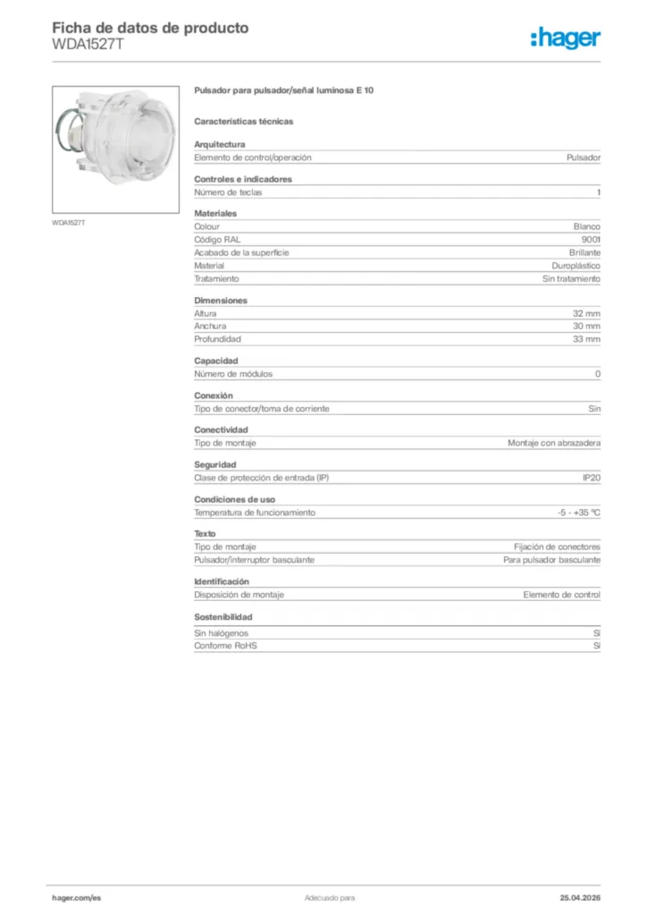 Imagen Hager Ficha de datos de producto WDA1527T | Hager España