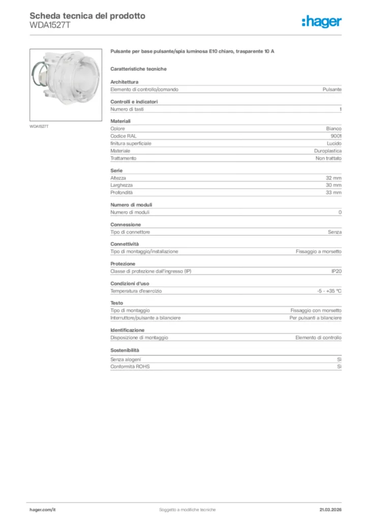 Immagine Hager Scheda tecnica del prodotto WDA1527T | Hager Italia