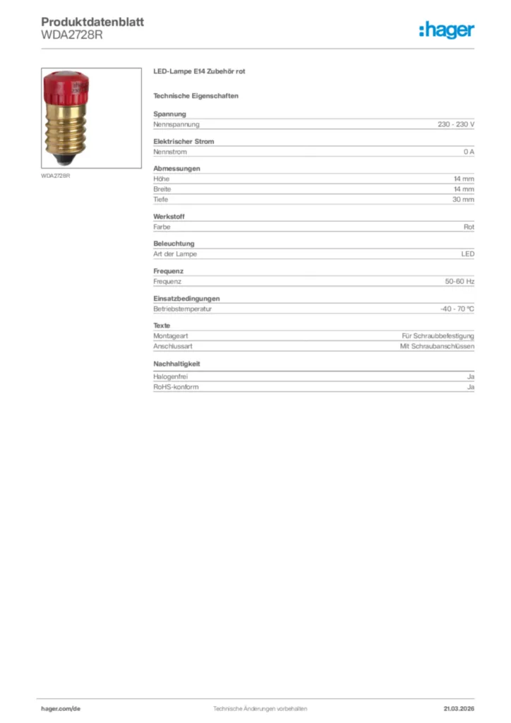 Bild Hager Produktdatenblatt WDA2728R | Hager Deutschland