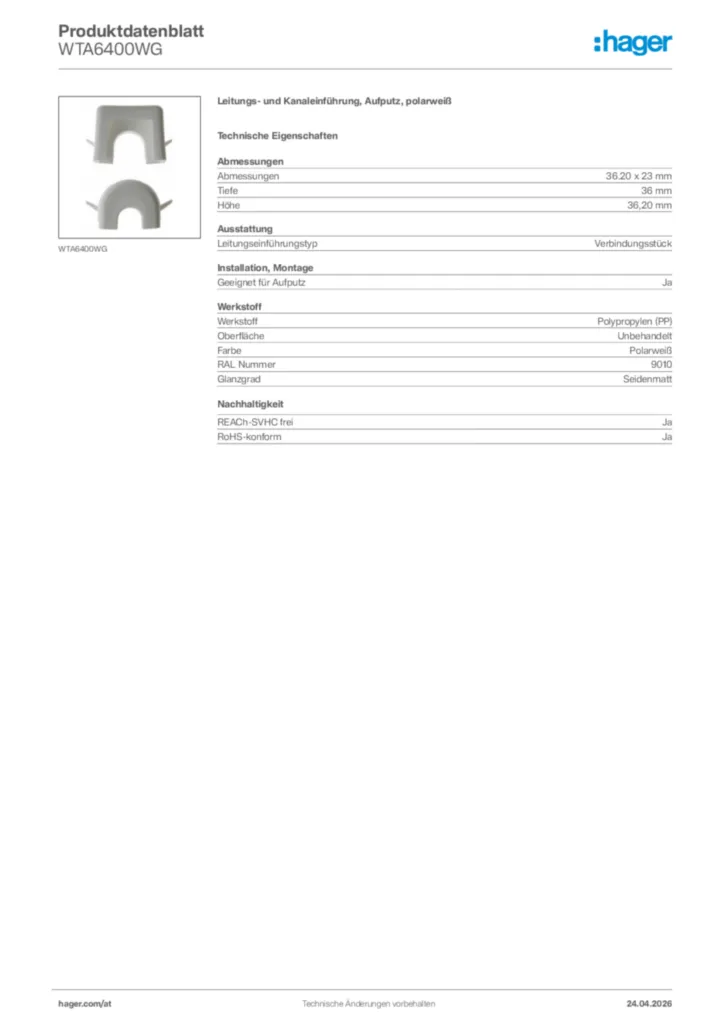 Bild Hager Produktdatenblatt WTA6400WG | Hager Deutschland