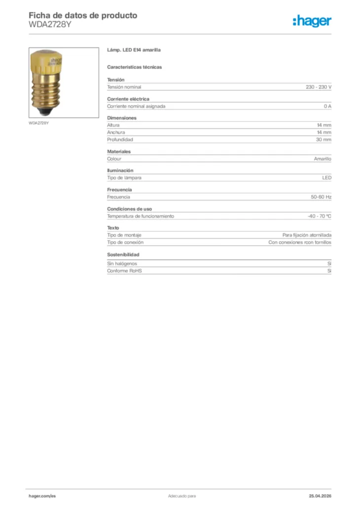 Imagen Hager Ficha de datos de producto WDA2728Y | Hager España